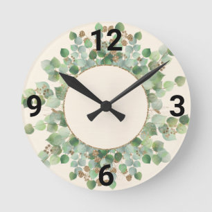 RONDE HORLOGE DE MUR EN CRÈME BOTANIQUE VERTE SAGE