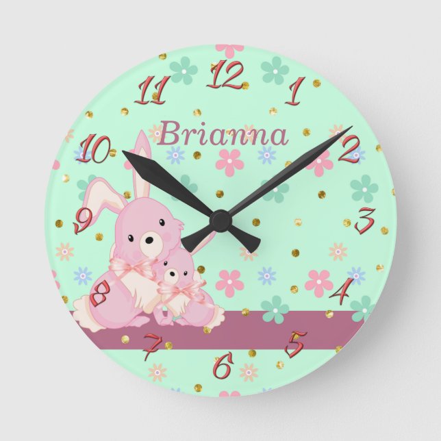 Ronde Horloge des enfants avec des lapins roses (Recto)