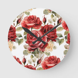 Ronde Horloge florale Fleurs Roses Rouges Chic