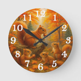 Ronde Horloge Forêt Automnale Rustique Écureuil Et Enfan