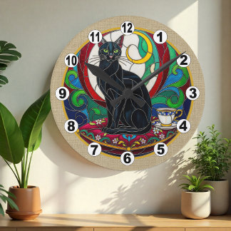 Ronde Horloge mosaïque d'art de chat noir vintage, décor