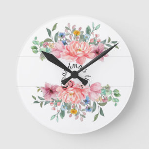 Ronde Horloge rose pastel fleurie