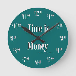 Ronde Le temps, c'est de l'argent horloge - texte blanc