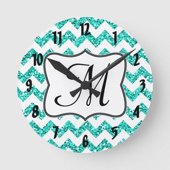Ronde Monogramme Chevron Turquoise moderne Horloge mural (Recto)