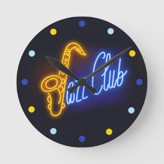 Ronde Neon Jazz Club Saxophone Sax bleu jaune Horloge