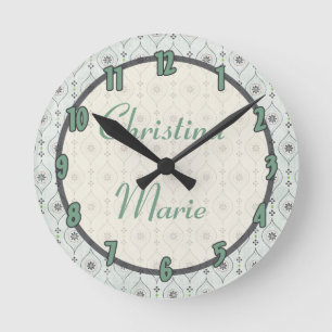 Ronde Nom personnalisé Horloge Motif Fleurs bleues