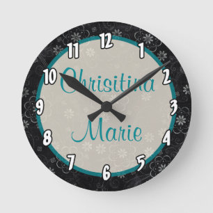Ronde Nom personnalisé Horloge noire Floral