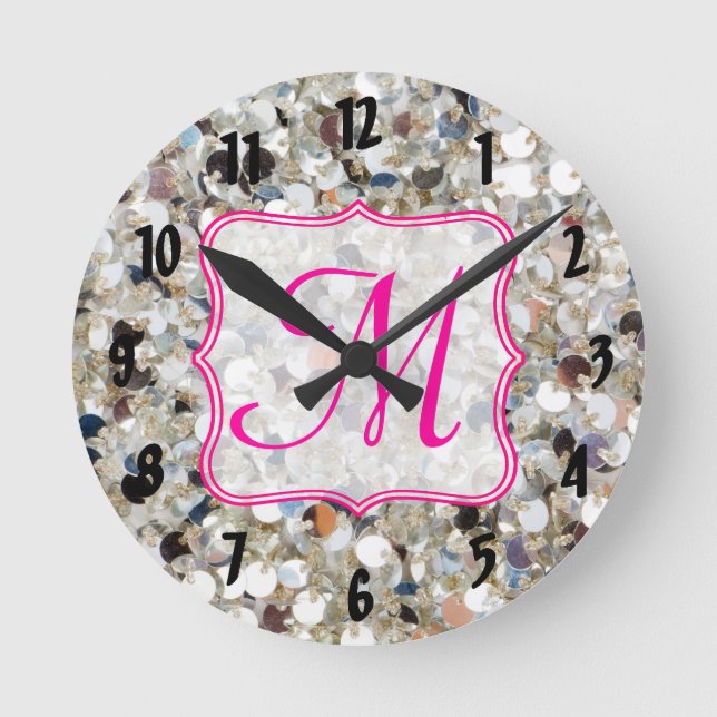 Ronde Pile de Parties scintillant Monogramme Horloge mur (Recto)