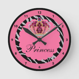 Ronde Princesse rose Bling Crown et horloge d'impression