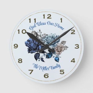 Ronde Rose Bleu Personnalisé Horloge Dieu Béni Notre H