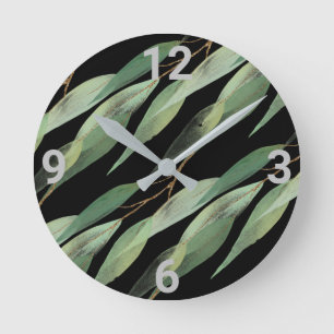Ronde Sage Green Black Botanique Eucalyptus Mur Horloge