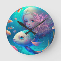 Sirène nageant avec le poisson mignon horloge mura