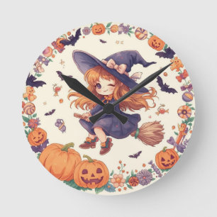 Ronde Sorcière avec horloge Halloween citrouilles