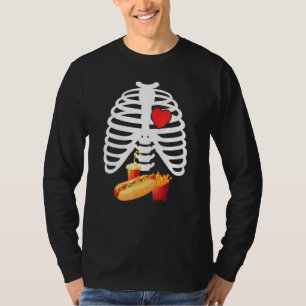 Röntgen-Skelett-Rippenkäfig-Bier-Hot-Dogs-Hallowee T-Shirt