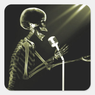 RÖNTGENBLICK-SKELETON GESANG AUF RETRO MIC-GELB QUADRATISCHER AUFKLEBER