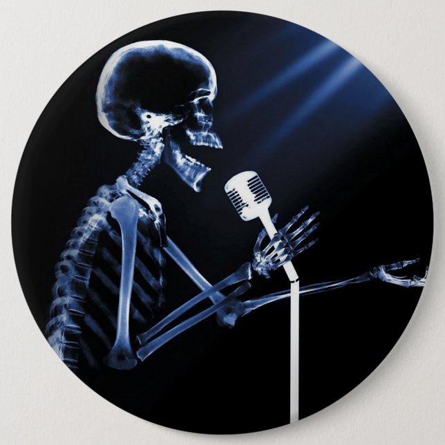 RÖNTGENSTRAHL-SKELETON GESANG AUF RETRO MIC - BLAU BUTTON (Vorderseite)