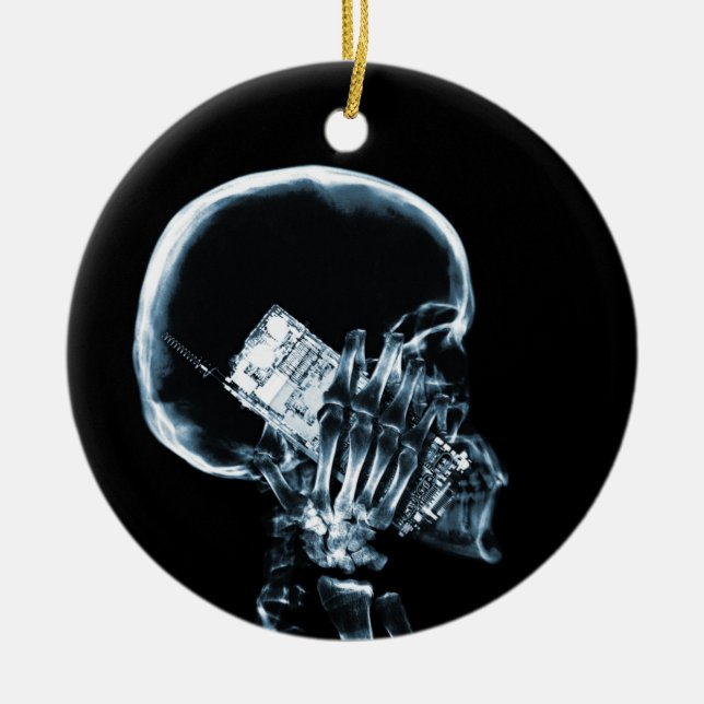 RÖNTGENSTRAHL-SKELETT AM TELEFON - BLAU KERAMIK ORNAMENT (Vorne)
