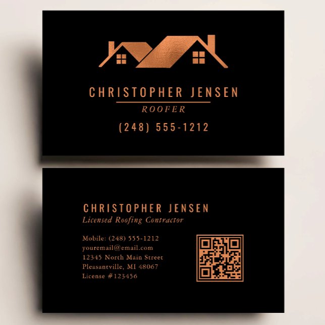 Roofer QR Code Roofing Business Black Copper Visitenkarte (Von Creator hochgeladen)