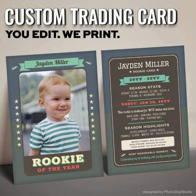 Rookie Année Baseball 1er Anniversaire Carte de co (Custom Rookie Trading Card, First Birthday Retro Rookie Card)