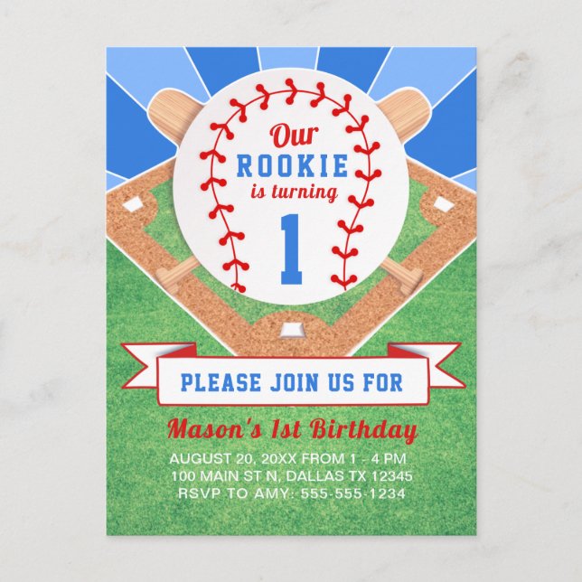 Rookie Baseball Einladung zum 1. Geburtstag Postkarte (Vorderseite)
