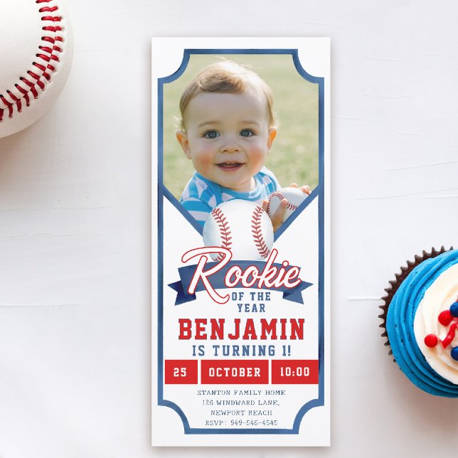Rookie Baseball Foto Blue Boy 1. Geburtstag Einladung (boy 1st birthday invitation photo baseball rookie of the year sports ticket blue red game time)