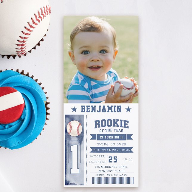 Rookie Baseball Foto Blue Boy Birthday Einladung (boy 1st birthday invitation photo baseball rookie of the year sports ticket blue game time cute)