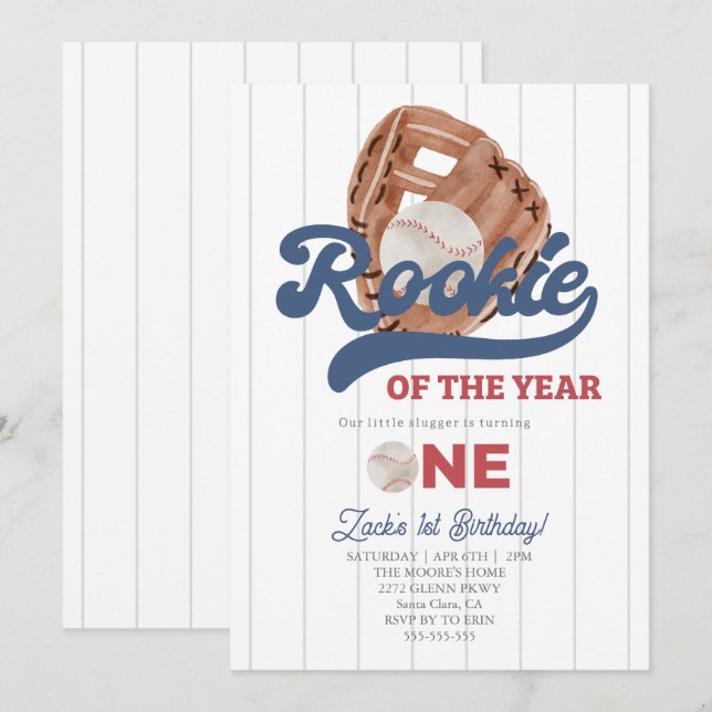 Rookie Baseball Glove Boys 1. Geburtstag Einladung (Vorne/Hinten)