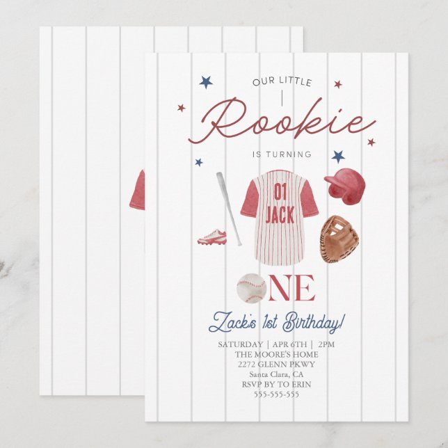 Rookie Baseball Individuelle Name Boys 1. Geburtst Einladung (Vorne/Hinten)