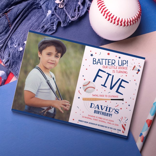 Rookie Batter Up Blue Baseball Foto Geburtstag Einladung (Von Creator hochgeladen)