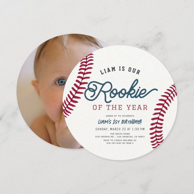 Rookie des Jahres Baseball 1. Geburtstag Foto Einladung (Vorne/Hinten)