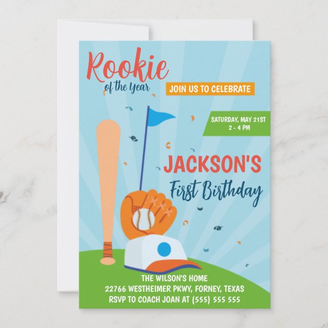 Rookie des Jahres Baseball 1. Geburtstag Party Einladung (Vorderseite)