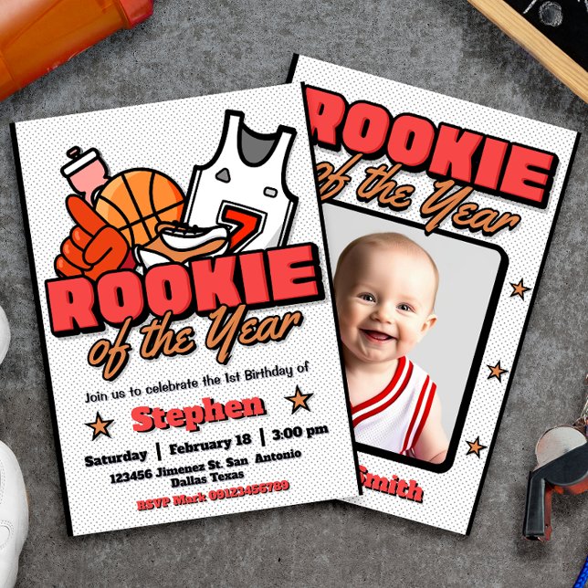 Rookie des Jahres - Boy First Birthday Basketball Einladung (Rookie of the Year - Boy First Birthday Basketball Invitation with Photo Picture)