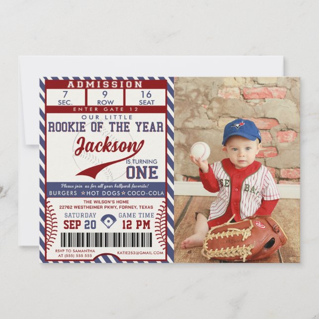 Rookie des Jahres Geburtstag Baseball Ticket Foto Einladung (Vorderseite)
