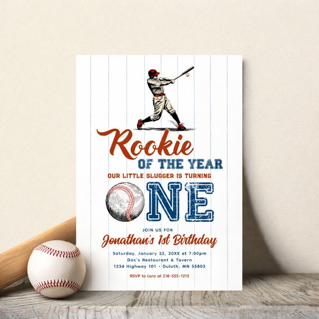 Rookie of the Year Baseball 1st Birthday Einladung (One Year Old Baseball Invitation)