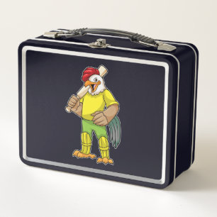 Rooster als Batsman mit Cricket Fleet Metall Brotdose