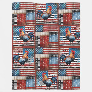 Rooster American Flag Folk Art Quilt Fleecedecke
