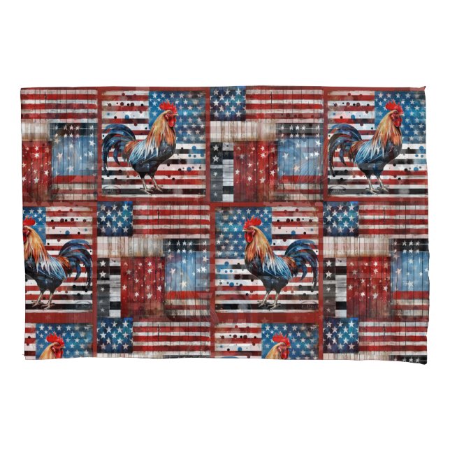 Rooster American Flag Folk Art Quilt Kissenbezug (Vorderseite)