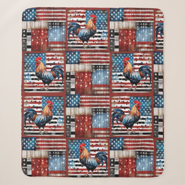 Rooster American Flag Folk Art Quilt Sherpadecke (Vorderseite)