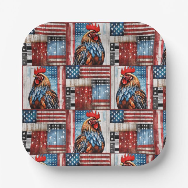 Rooster American Flag Folkart Pappteller (Vorderseite)