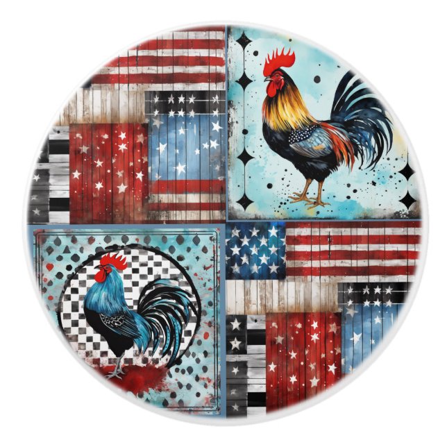 Rooster American Folk Art Flag Quilt Keramikknauf (Vorderseite)