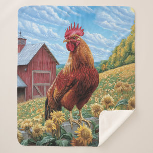 Rooster auf einer Sonnenblumenzucht Sherpadecke