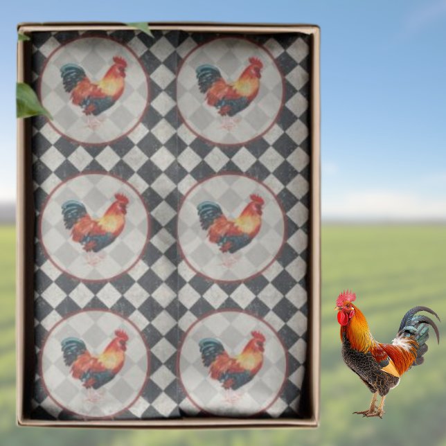 Rooster Black White Checkered French Farmhouse   Seidenpapier (Von Creator hochgeladen)