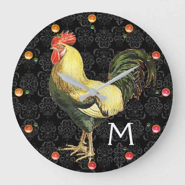 ROOSTER Black White Damask Monogram Große Wanduhr (Vorderseite)