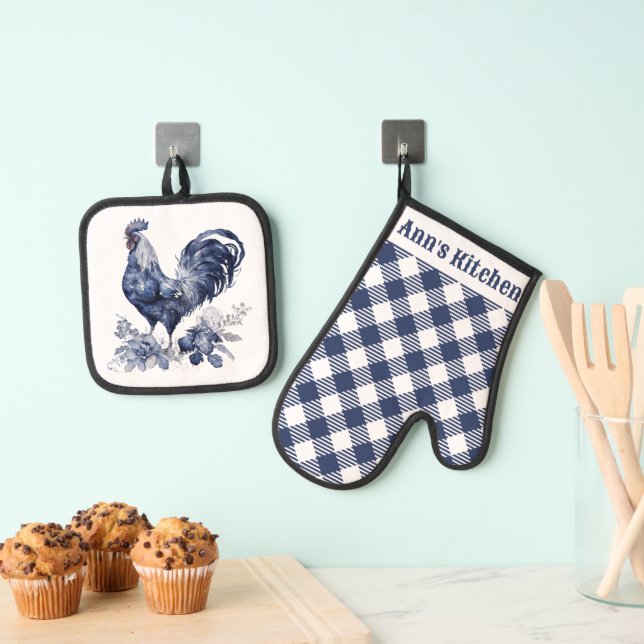 "Rooster" Blue Willow Style Custom Ofenhandschuh & Topflappen-Set (Insitu (Hängend))