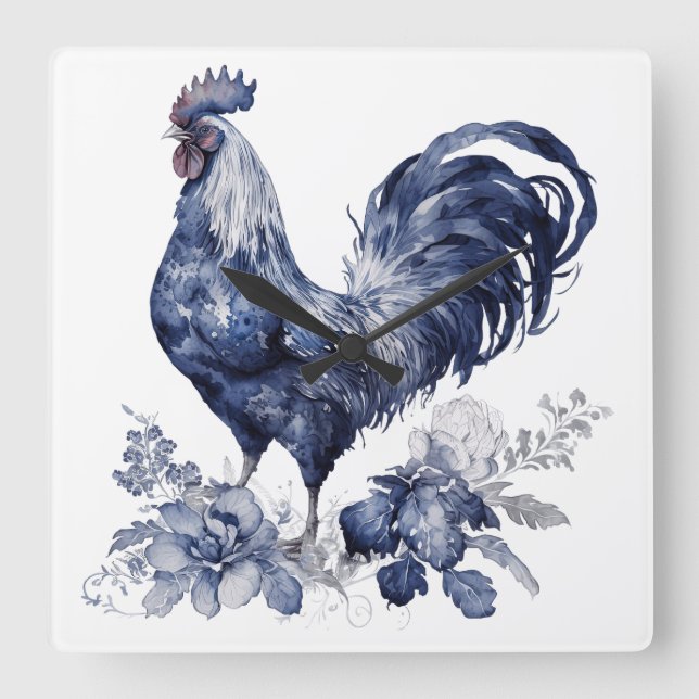 "Rooster" Blue Willow Style Quadratische Wanduhr (Vorderseite)