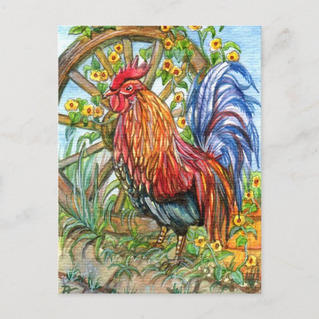 Rooster by Wheel Garden Postkarte (Vorderseite)