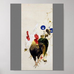 Rooster, Chick and Morning Glory, Watanabe Seitei Poster