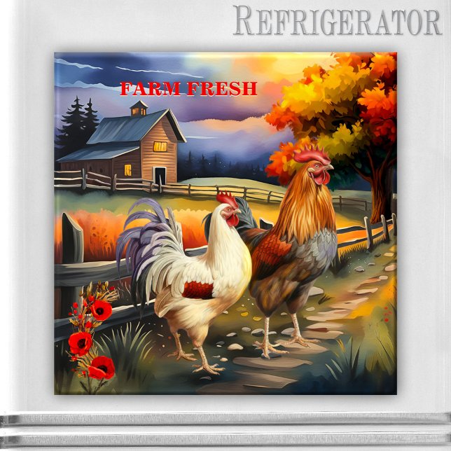 Rooster Chicken Farm Landküche Magnet (Kitchen magnet featuring a colorful painting of a country farm scene with a rooster and chicken)