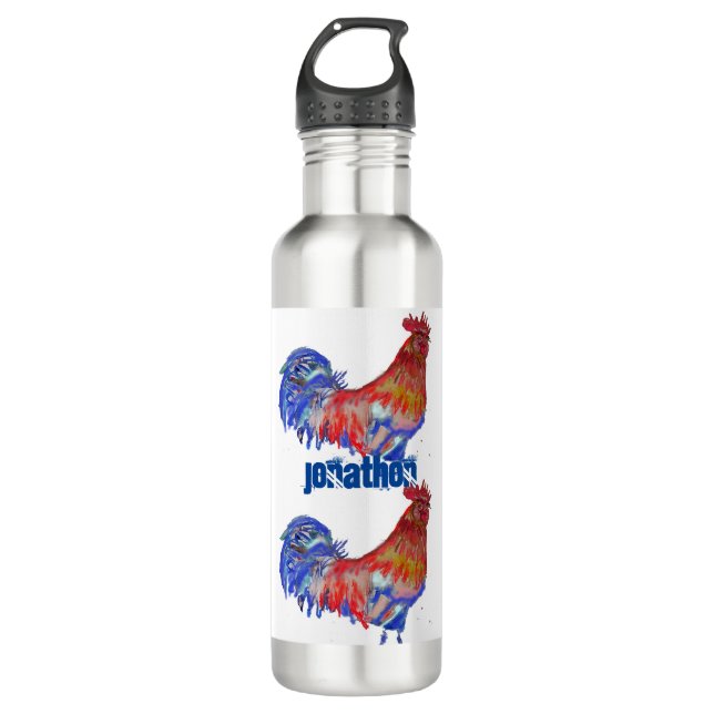 Rooster Chicken Red Blue Aquarellkunst Boys Edelstahlflasche (Vorderseite)