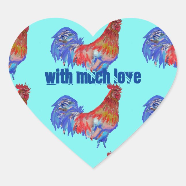 Rooster Chicken Red Blue Aquarellkunst Boys Herz-Aufkleber (Vorderseite)